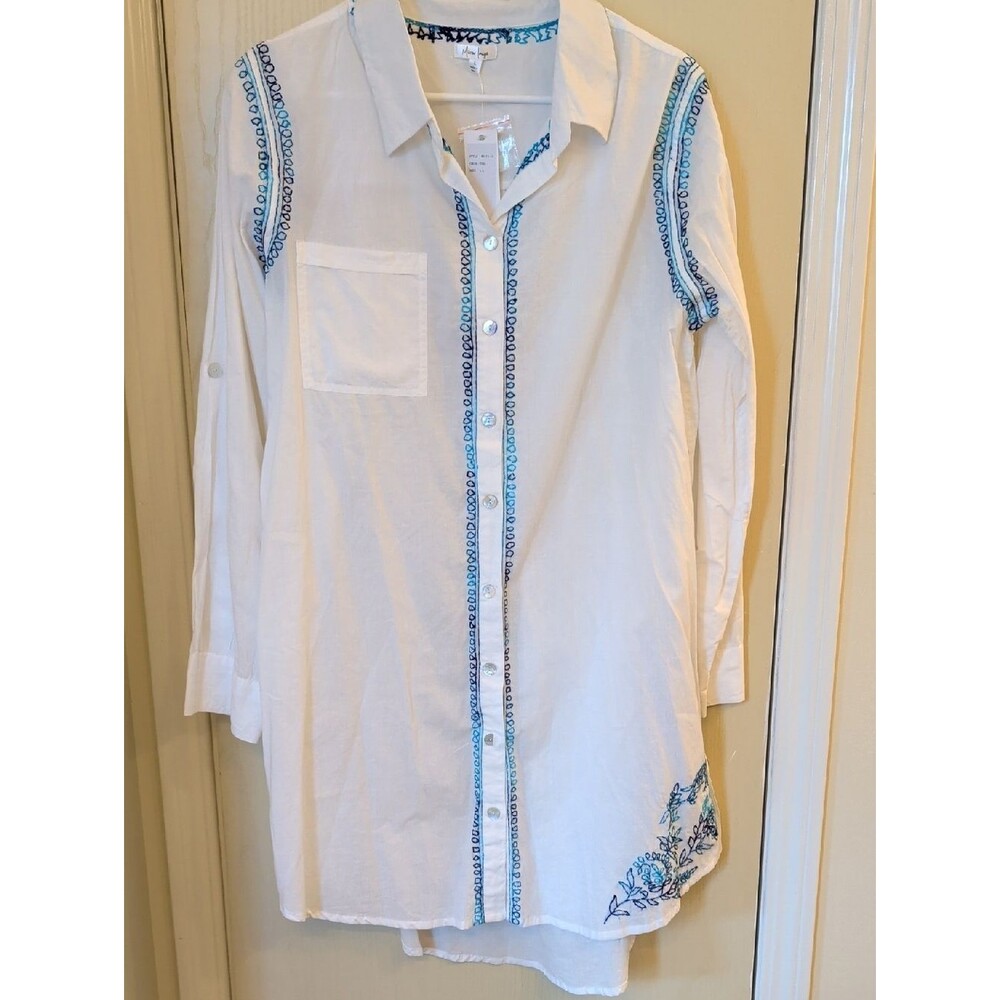 Mirror Image Coastal Tunic Size L | White Blue Embroidered Cotton Cover Up NWT